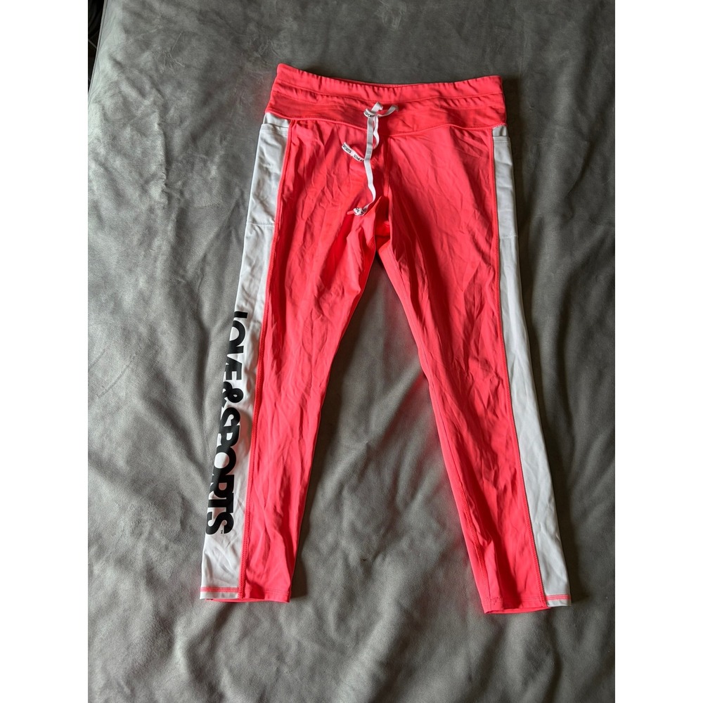 Love & Sports Womens Neon Pink White Stripe Active Leggings XL 16-18 Pockets
